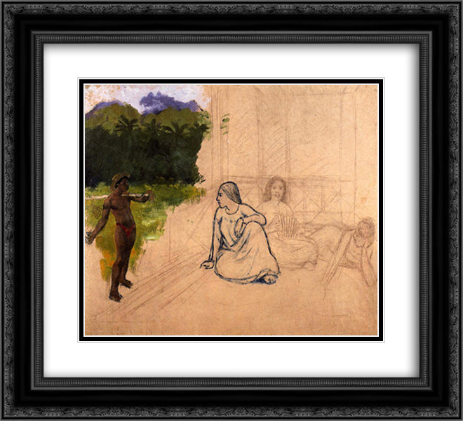 Tahitians at rest (unfinished) 22x20 Black Ornate Wood Framed Art Print Poster with Double Matting by Gauguin, Paul