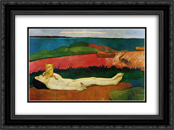 The loss of virginity (Awakening of spring) 24x18 Black Ornate Wood Framed Art Print Poster with Double Matting by Gauguin, Paul
