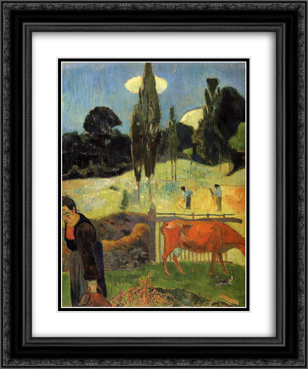 The red cow 20x24 Black Ornate Wood Framed Art Print Poster with Double Matting by Gauguin, Paul
