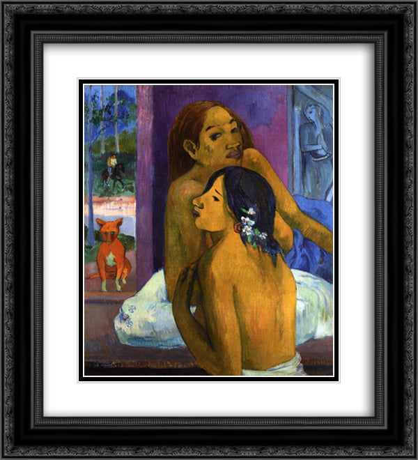 Two women (Flowered hair) 20x22 Black Ornate Wood Framed Art Print Poster with Double Matting by Gauguin, Paul