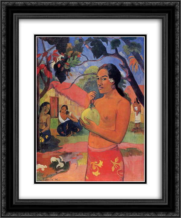 Woman Holding a Fruit 20x24 Black Ornate Wood Framed Art Print Poster with Double Matting by Gauguin, Paul