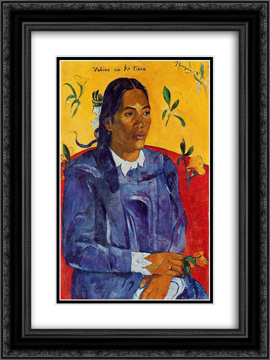 Woman with a Flower 18x24 Black Ornate Wood Framed Art Print Poster with Double Matting by Gauguin, Paul