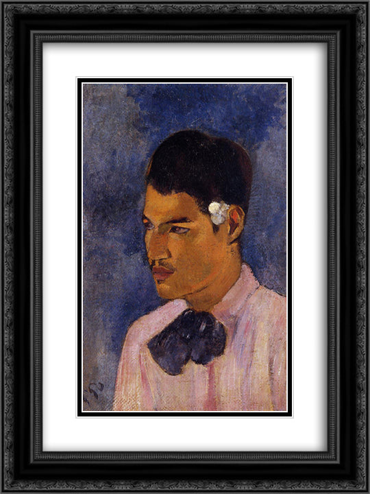 Young Man with a Flower Behind his Ear 18x24 Black Ornate Wood Framed Art Print Poster with Double Matting by Gauguin, Paul