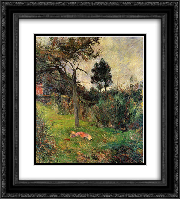 Young woman lying in a grass 20x22 Black Ornate Wood Framed Art Print Poster with Double Matting by Gauguin, Paul