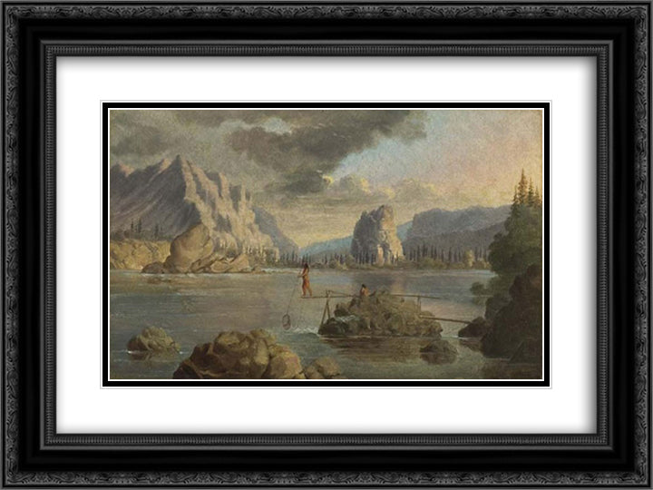Below the Cascades, Columbia River with Indians Fishing 24x18 Black Ornate Wood Framed Art Print Poster with Double Matting by Kane, Paul