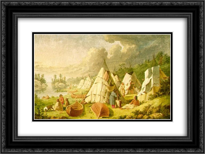 Indian encampment on Lake Huron 24x18 Black Ornate Wood Framed Art Print Poster with Double Matting by Kane, Paul