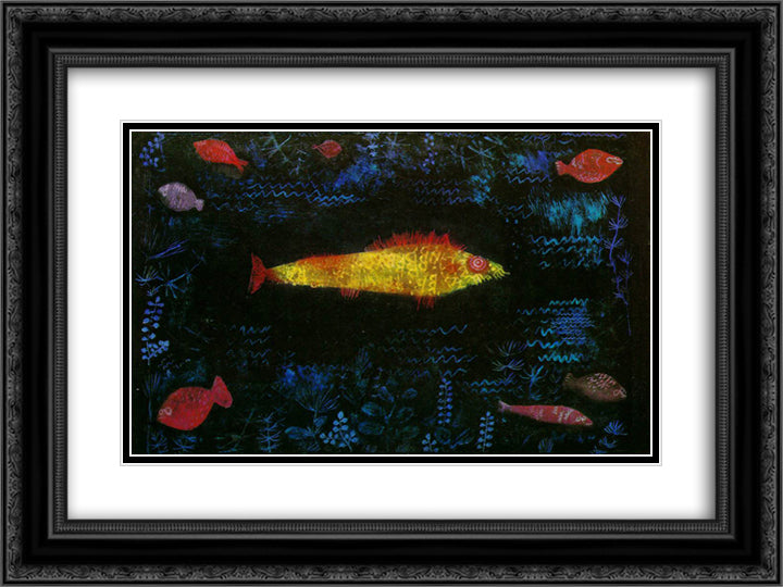 The Goldfish 24x18 Black Ornate Wood Framed Art Print Poster with Double Matting by Klee, Paul