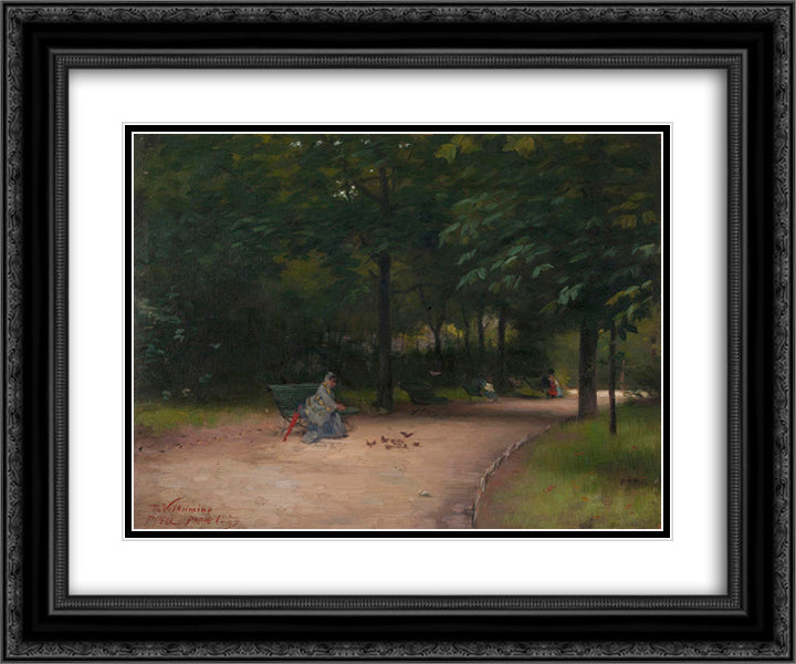 Feeding birds in the park 24x20 Black Ornate Wood Framed Art Print Poster with Double Matting by Peel, Paul