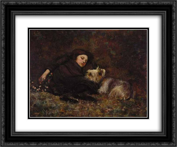 Nap Time (also known as Young Girl With Terrier) 24x20 Black Ornate Wood Framed Art Print Poster with Double Matting by Peel, Paul