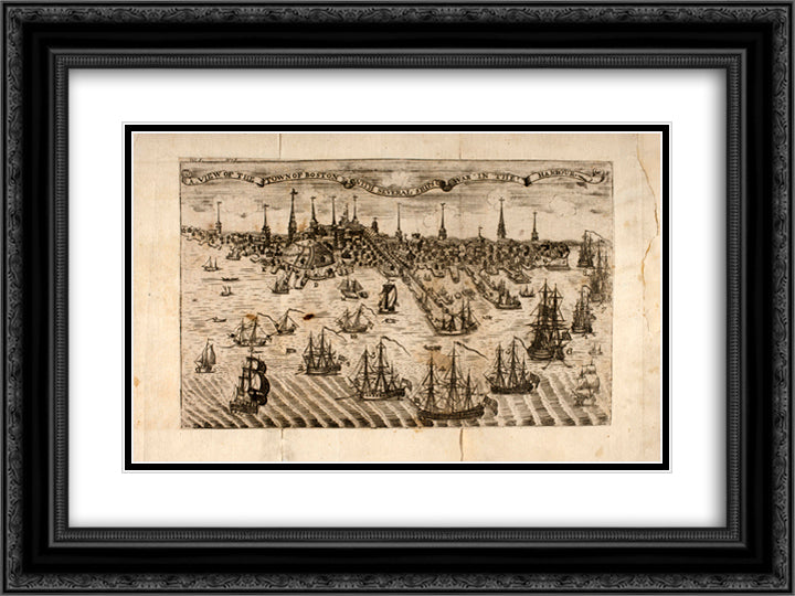 View of the Town of Boston 24x18 Black Ornate Wood Framed Art Print Poster with Double Matting by Revere, Paul