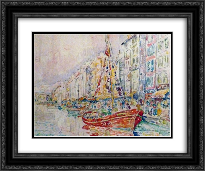 An Old port of Marseille 24x20 Black Ornate Wood Framed Art Print Poster with Double Matting by Signac, Paul