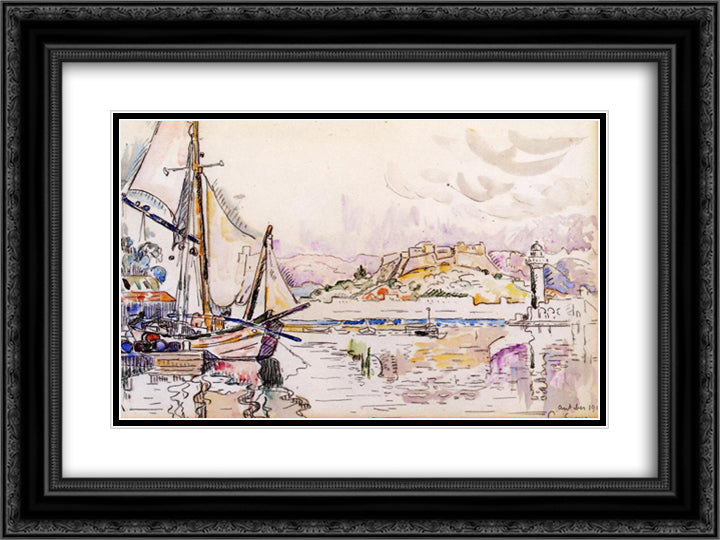 Antibes 24x18 Black Ornate Wood Framed Art Print Poster with Double Matting by Signac, Paul