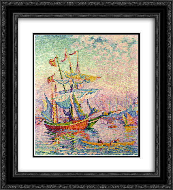 Le Corne d'Or, Le Pont 20x22 Black Ornate Wood Framed Art Print Poster with Double Matting by Signac, Paul