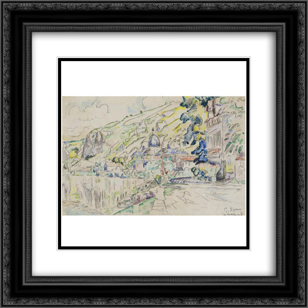 Les Andelys 20x20 Black Ornate Wood Framed Art Print Poster with Double Matting by Signac, Paul