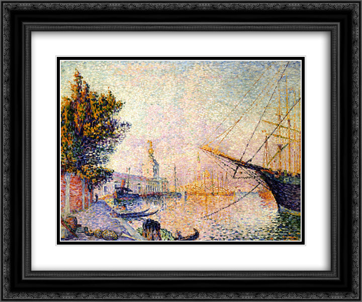 The Dogana 24x20 Black Ornate Wood Framed Art Print Poster with Double Matting by Signac, Paul