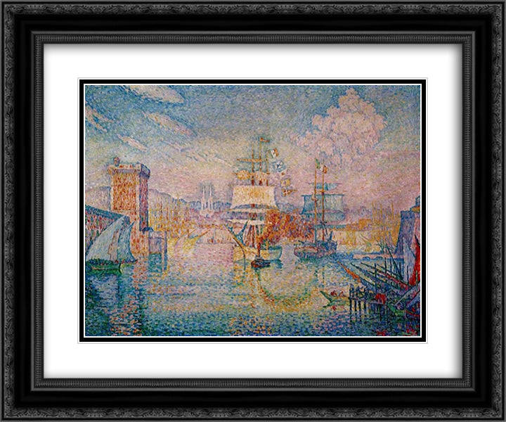The Entrance to the Port of Marseille 24x20 Black Ornate Wood Framed Art Print Poster with Double Matting by Signac, Paul