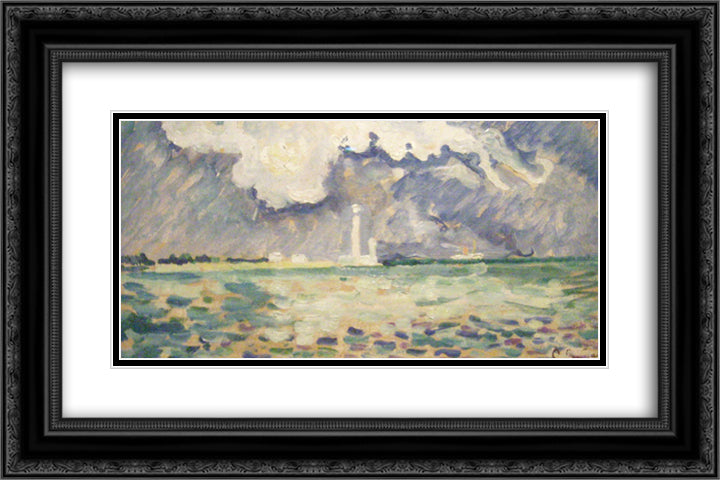 The Lighthouse of Gatteville 24x16 Black Ornate Wood Framed Art Print Poster with Double Matting by Signac, Paul