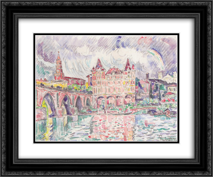 The Look at Montauban in rain 24x20 Black Ornate Wood Framed Art Print Poster with Double Matting by Signac, Paul