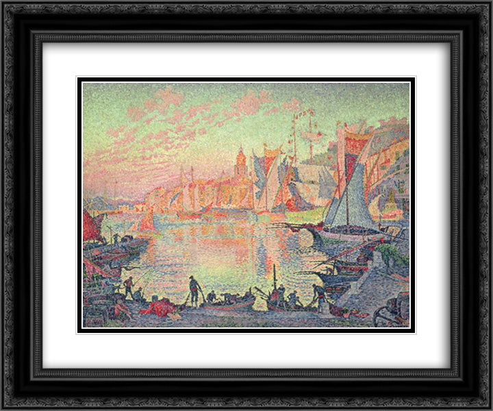 The Port of Saint Tropez 24x20 Black Ornate Wood Framed Art Print Poster with Double Matting by Signac, Paul