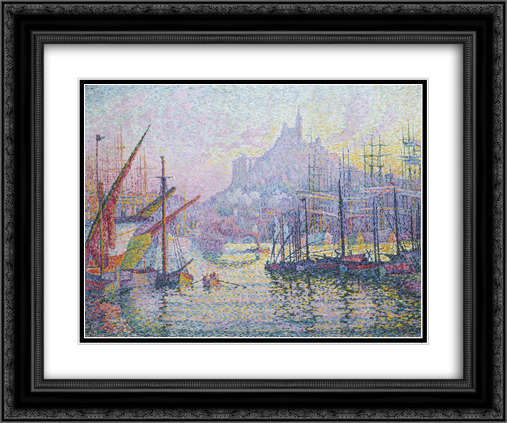 View of the Port of Marseilles 24x20 Black Ornate Wood Framed Art Print Poster with Double Matting by Signac, Paul