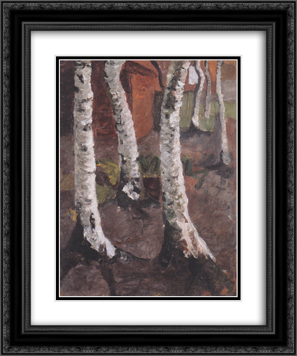 Birch trunks in front of red farmstead 20x24 Black Ornate Wood Framed Art Print Poster with Double Matting by Modersohn Becker, Paula