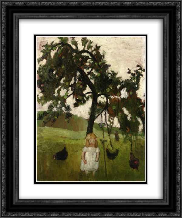 Elizabeth with Hens under an Apple Tree 20x24 Black Ornate Wood Framed Art Print Poster with Double Matting by Modersohn Becker, Paula