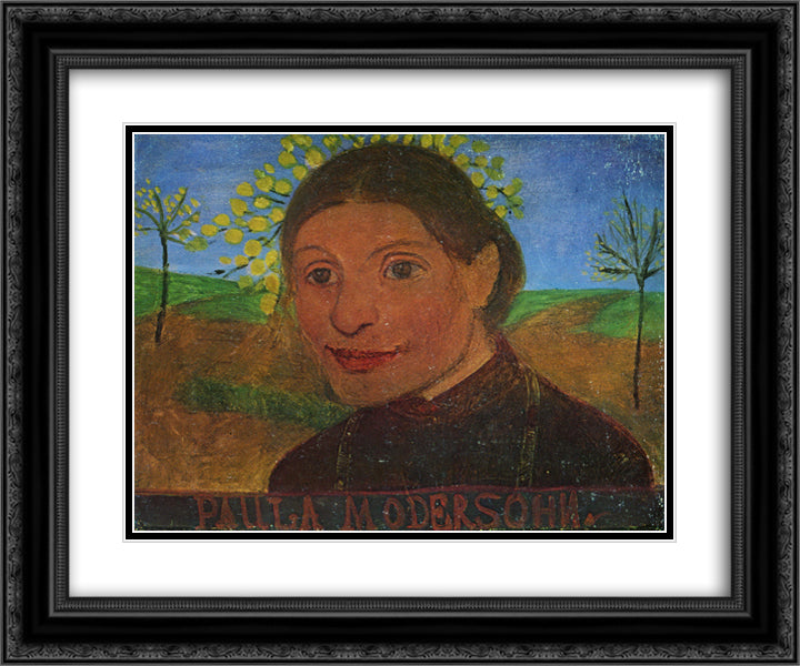 Self portrait in front of flowering trees 24x20 Black Ornate Wood Framed Art Print Poster with Double Matting by Modersohn Becker, Paula
