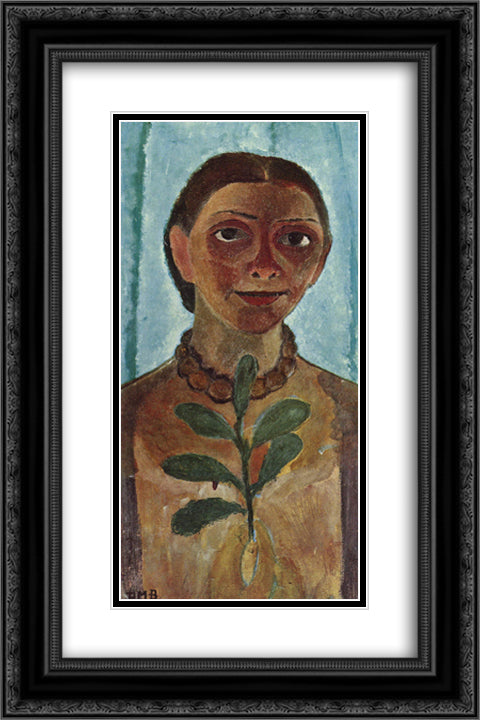 The painter with camellia branch (Self Portrait) 16x24 Black Ornate Wood Framed Art Print Poster with Double Matting by Modersohn Becker, Paula