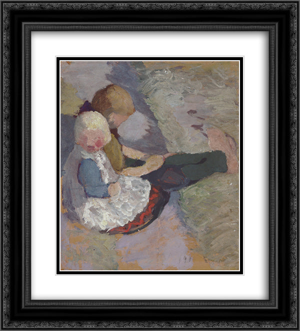 Two children sit on a meadow 20x22 Black Ornate Wood Framed Art Print Poster with Double Matting by Modersohn Becker, Paula