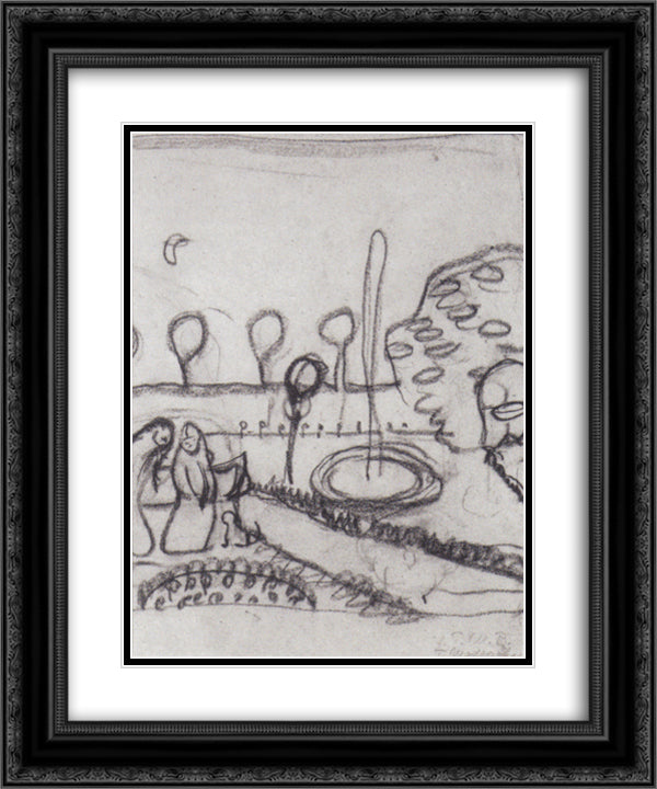Two women in the garden with fountain 20x24 Black Ornate Wood Framed Art Print Poster with Double Matting by Modersohn Becker, Paula