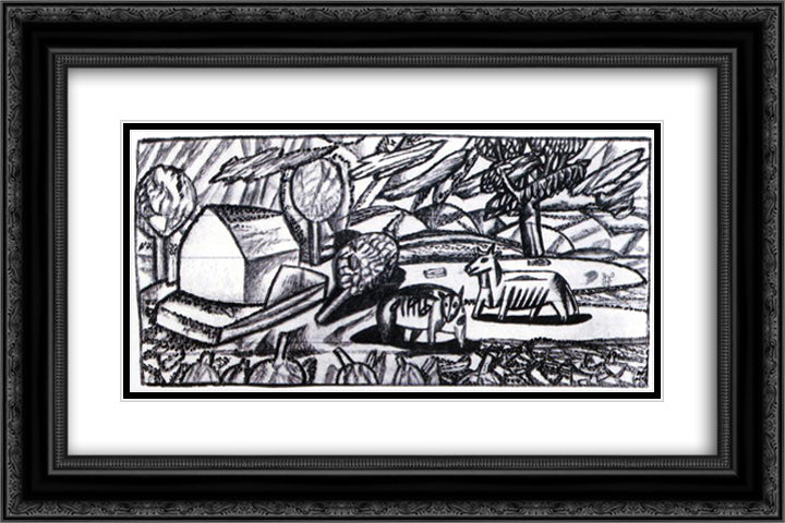 Landscape with Two Animals 24x16 Black Ornate Wood Framed Art Print Poster with Double Matting by Filonov, Pavel