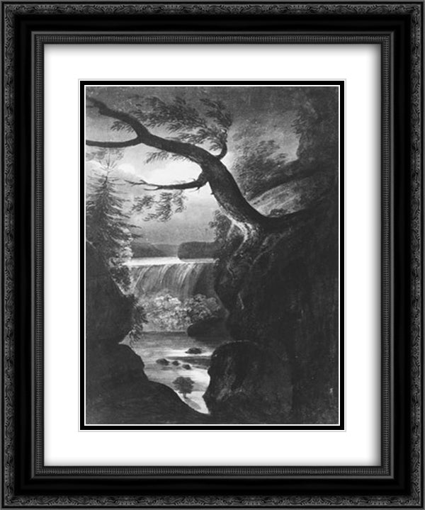 Niagara Falls Canadian Side by Moonlight 20x24 Black Ornate Wood Framed Art Print Poster with Double Matting by Svinyin, Pavel