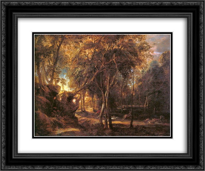 Forest Landscape at the Sunrise 24x20 Black Ornate Wood Framed Art Print Poster with Double Matting by Rubens, Peter Paul