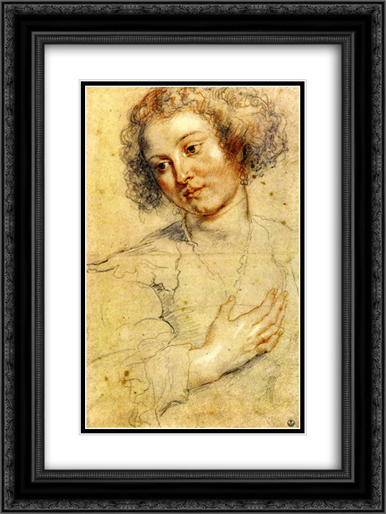 Head and Right Hand of a Woman 18x24 Black Ornate Wood Framed Art Print Poster with Double Matting by Rubens, Peter Paul