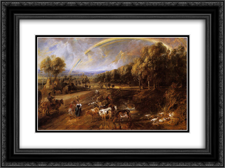 Landscape with a Rainbow 24x18 Black Ornate Wood Framed Art Print Poster with Double Matting by Rubens, Peter Paul