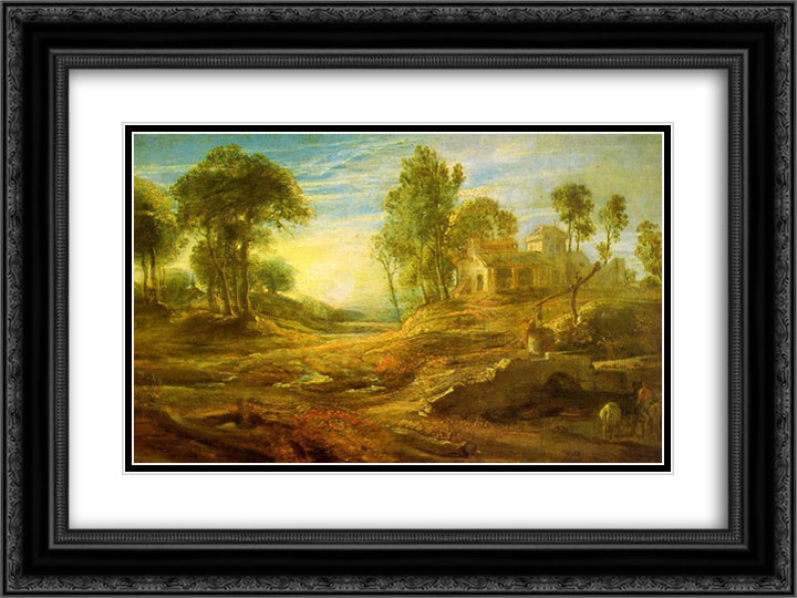 Landscape with a Watering Place 24x18 Black Ornate Wood Framed Art Print Poster with Double Matting by Rubens, Peter Paul