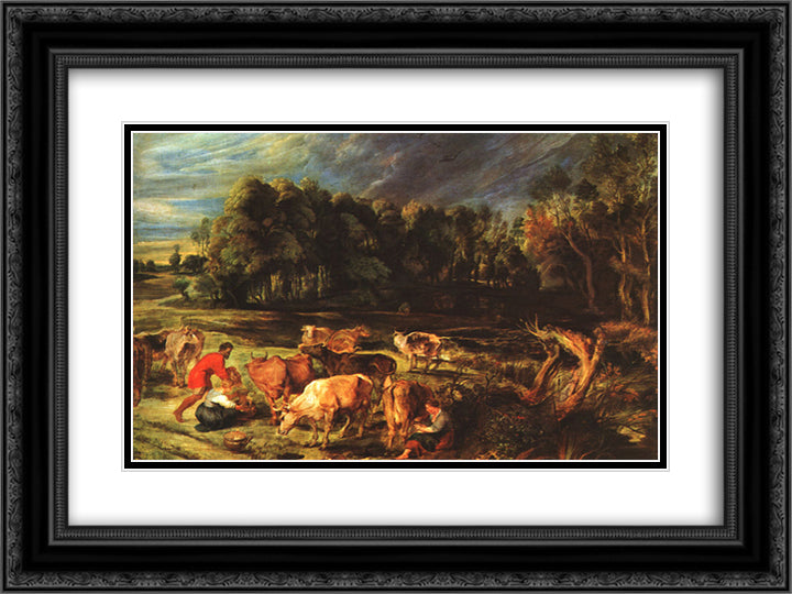 Landscape with Cows 24x18 Black Ornate Wood Framed Art Print Poster with Double Matting by Rubens, Peter Paul