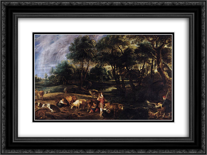Landscape with Cows and Wildfowlers 24x18 Black Ornate Wood Framed Art Print Poster with Double Matting by Rubens, Peter Paul