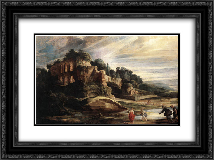 Landscape with the Ruins of Mount Palatine in Rome 24x18 Black Ornate Wood Framed Art Print Poster with Double Matting by Rubens, Peter Paul