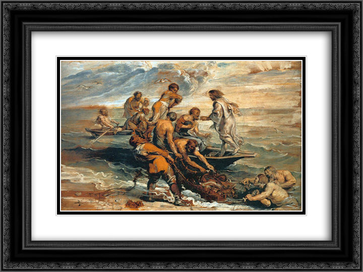 Miraculous Fishing 24x18 Black Ornate Wood Framed Art Print Poster with Double Matting by Rubens, Peter Paul