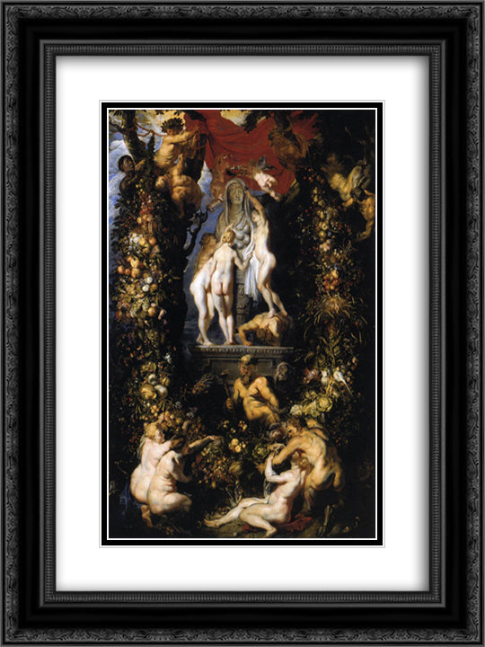 Nature Adorning the Three Graces 18x24 Black Ornate Wood Framed Art Print Poster with Double Matting by Rubens, Peter Paul