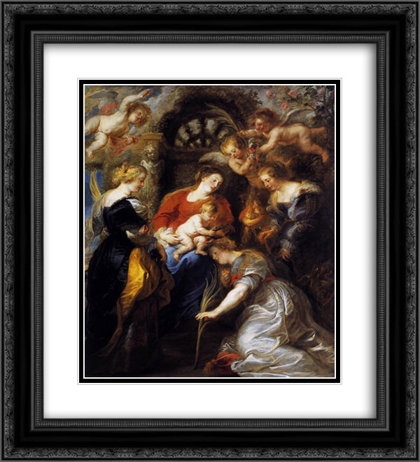 The Crowning of St. Catherine 20x22 Black Ornate Wood Framed Art Print Poster with Double Matting by Rubens, Peter Paul
