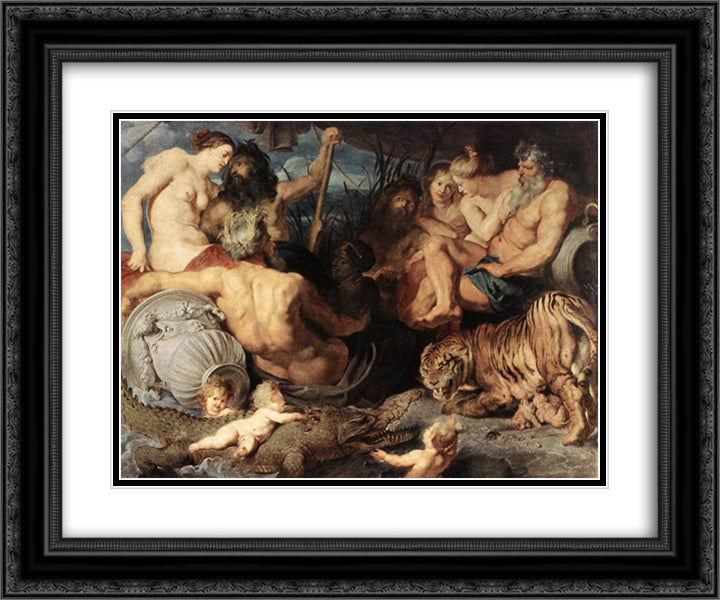 The Four Continents 24x20 Black Ornate Wood Framed Art Print Poster with Double Matting by Rubens, Peter Paul