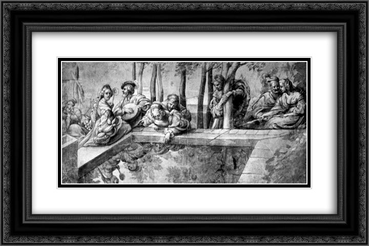 The Society near Fountain 24x16 Black Ornate Wood Framed Art Print Poster with Double Matting by Rubens, Peter Paul