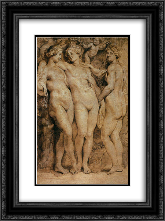 The Three Graces 18x24 Black Ornate Wood Framed Art Print Poster with Double Matting by Rubens, Peter Paul