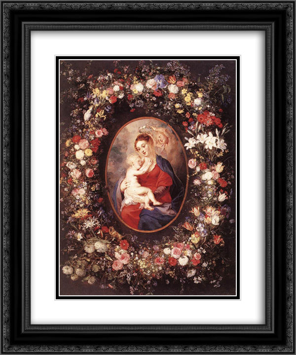 The Virgin and Child in a Garland of Flower 20x24 Black Ornate Wood Framed Art Print Poster with Double Matting by Rubens, Peter Paul