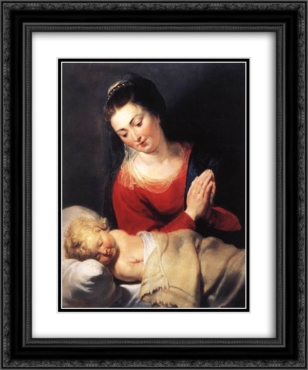 Virgin in Adoration before the Christ Child 20x24 Black Ornate Wood Framed Art Print Poster with Double Matting by Rubens, Peter Paul