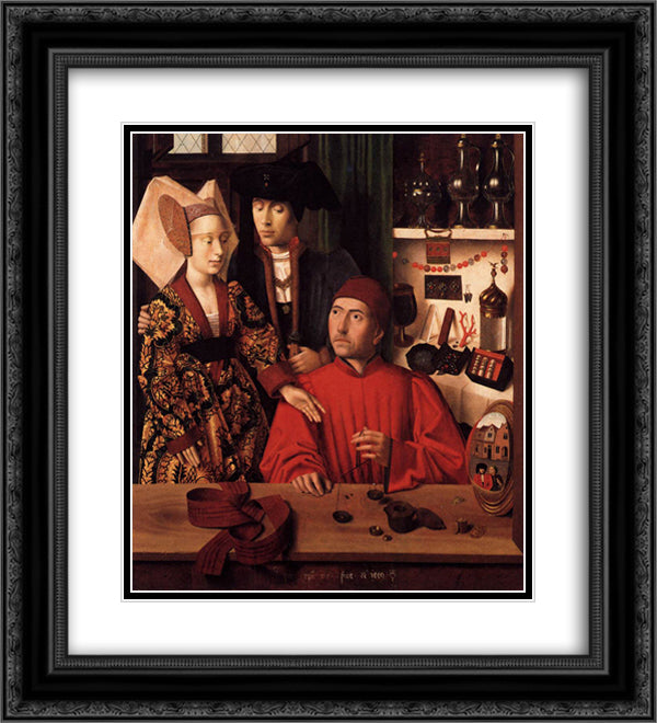 St. Eligius as a goldsmith showing a ring to the engaged couple 20x22 Black Ornate Wood Framed Art Print Poster with Double Matting by Christus, Petrus