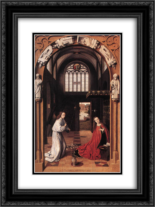 The Annunciation 18x24 Black Ornate Wood Framed Art Print Poster with Double Matting by Christus, Petrus