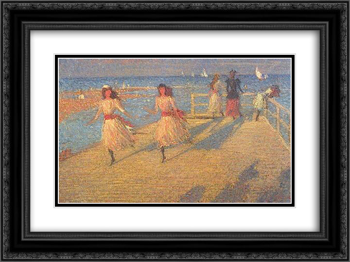 Girls Running, Walberswick Pier 24x18 Black Ornate Wood Framed Art Print Poster with Double Matting by Steer, Philip Wilson